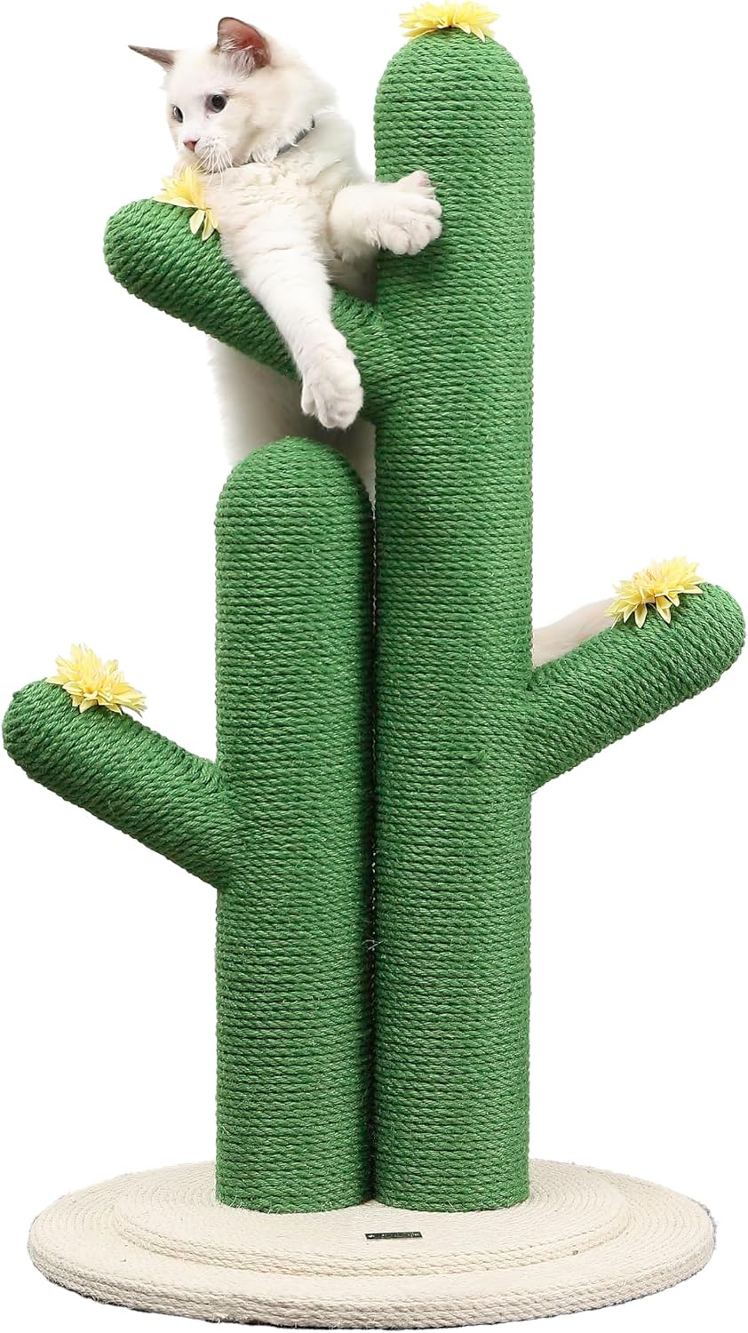 Green jute twin cactus cat scratching post with flower toys