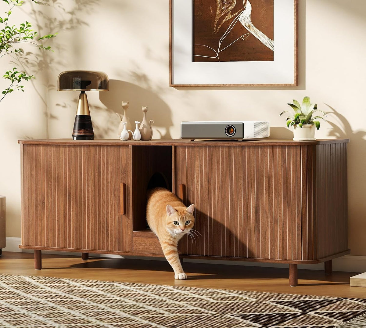 Walnut fluted double litter box enclosure used as TV stand