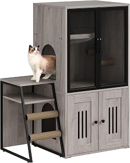 Dual Cat Litter Box Enclosure with Doors and Storage Compartment, Hidden Litter Furniture with Step, Grey