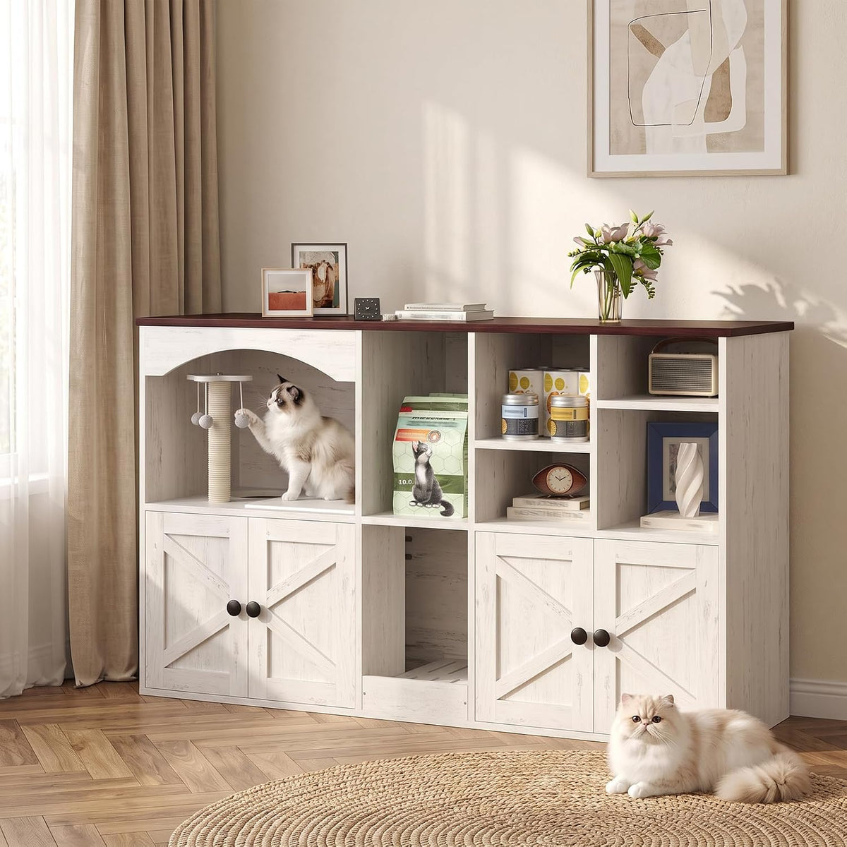 Hidden litter box enclosure cabinet for two cats with storage