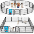 Black 16-panel foldable metal dog playpen with door set up on grass