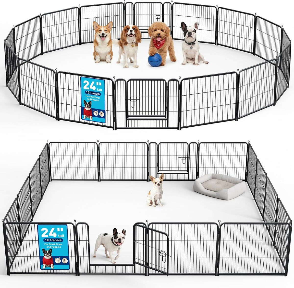 Black 16-panel foldable metal dog playpen with door set up on grass