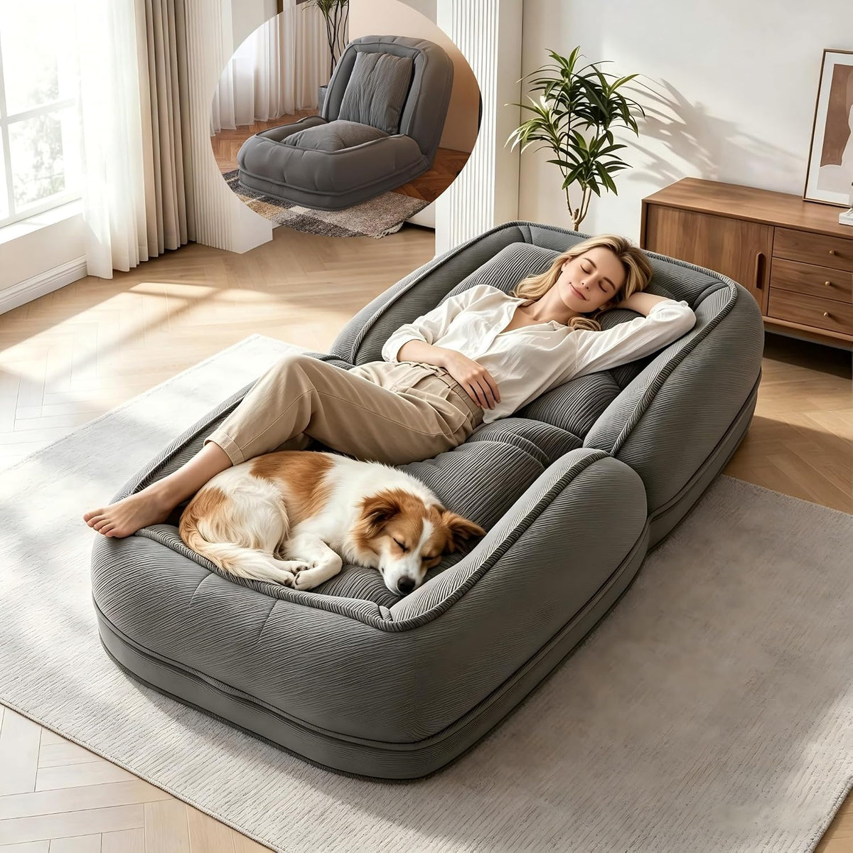 Light gray corduroy human dog bed floor sofa with raised backrest