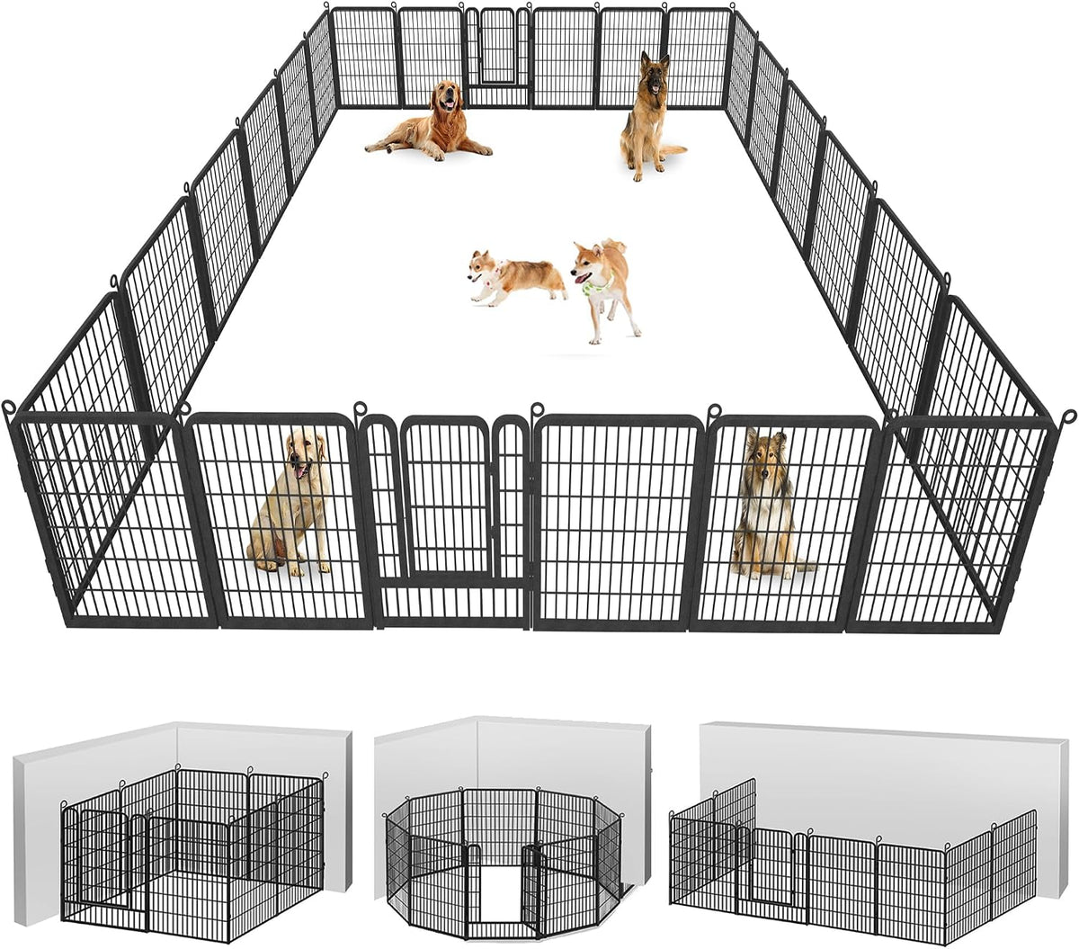 Black 40 inch metal dog playpen with fourteen panels set up in a yard – view 14