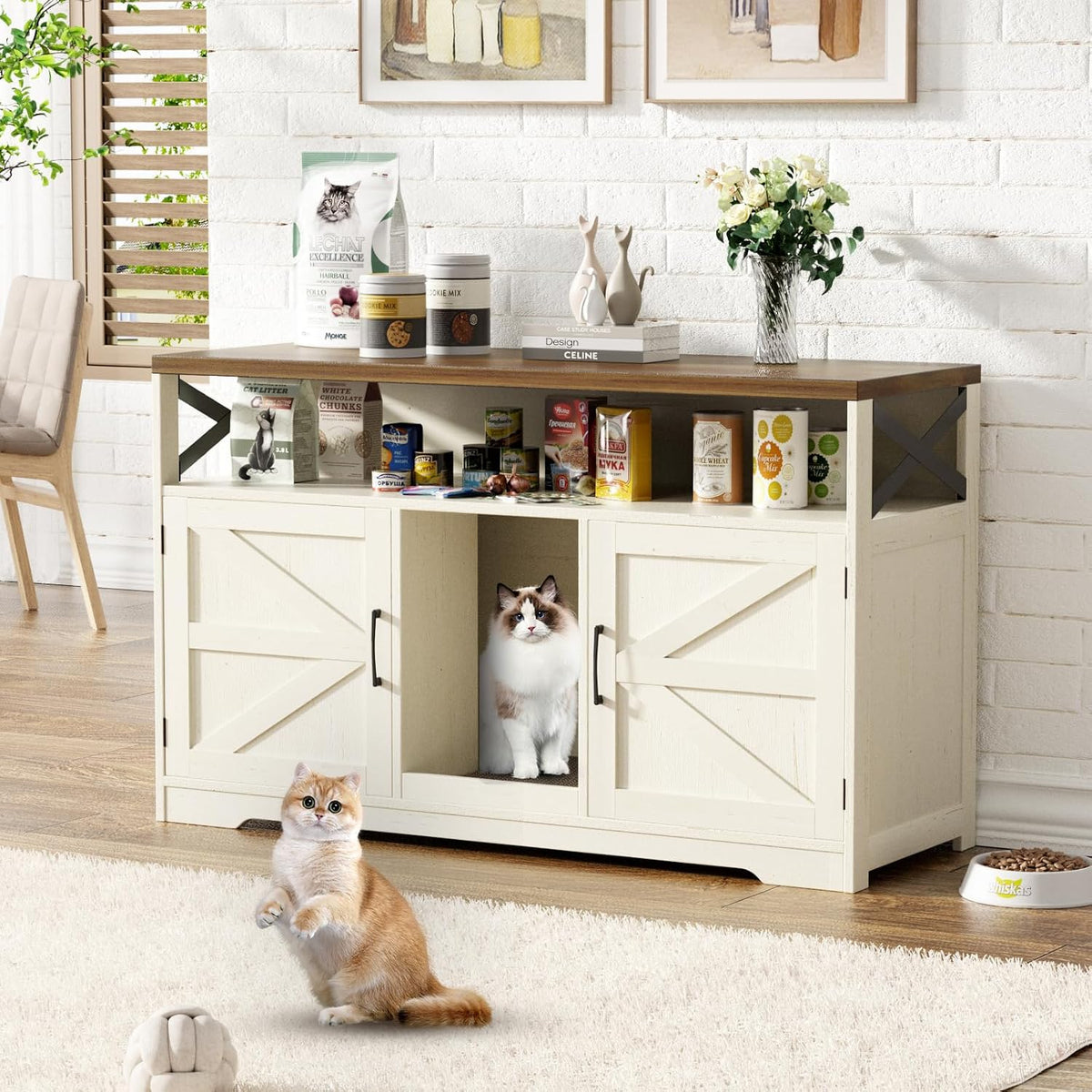White 47 inch farmhouse double litter box cabinet for two cats with scratch pad