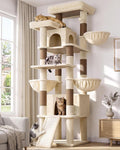 Tall beige multi-level cat tower with two condos and three baskets