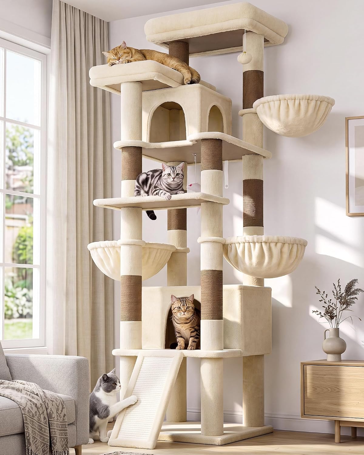 Tall beige multi-level cat tower with two condos and three baskets