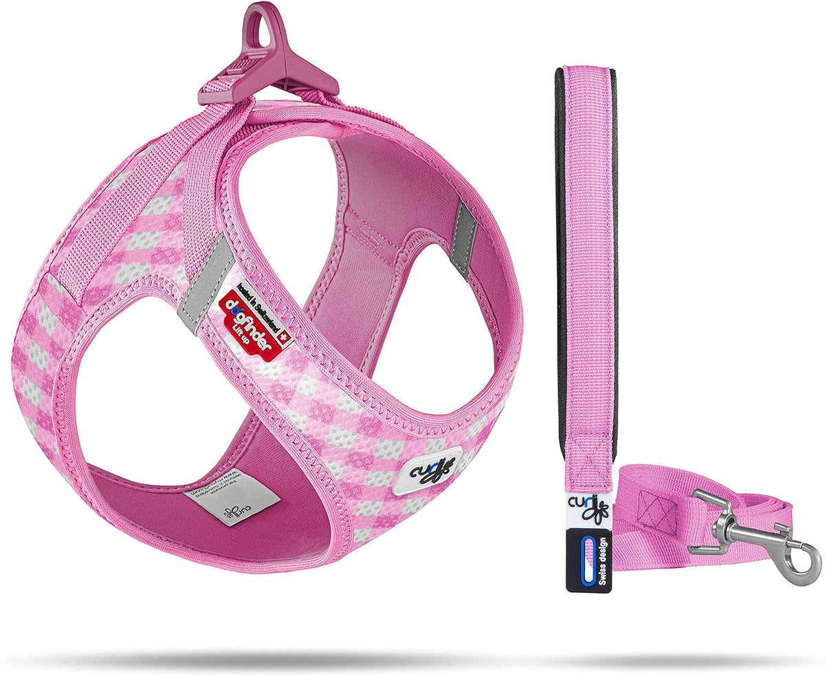 Pink check air-mesh dog harness with matching leash