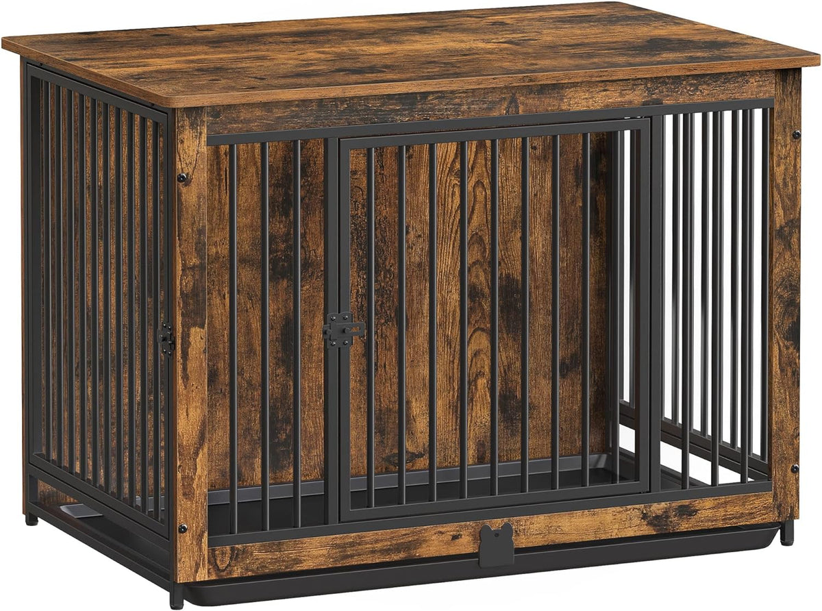 Rustic brown wooden dog crate end table with double doors