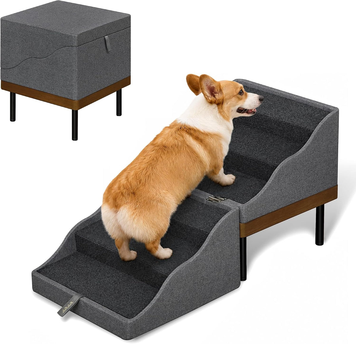 Wooden 2-in-1 pet stairs that fold into a split ottoman