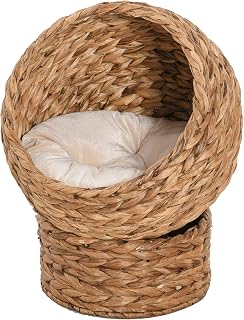 Handwoven Elevated Cat Bed with Soft Cushion, Egg-Shape Design