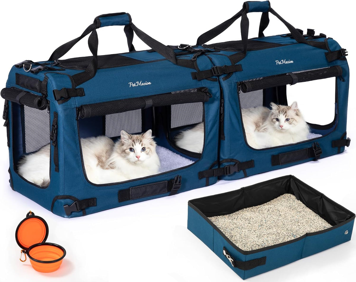 Two Prussian blue extra large soft-sided collapsible cat carriers