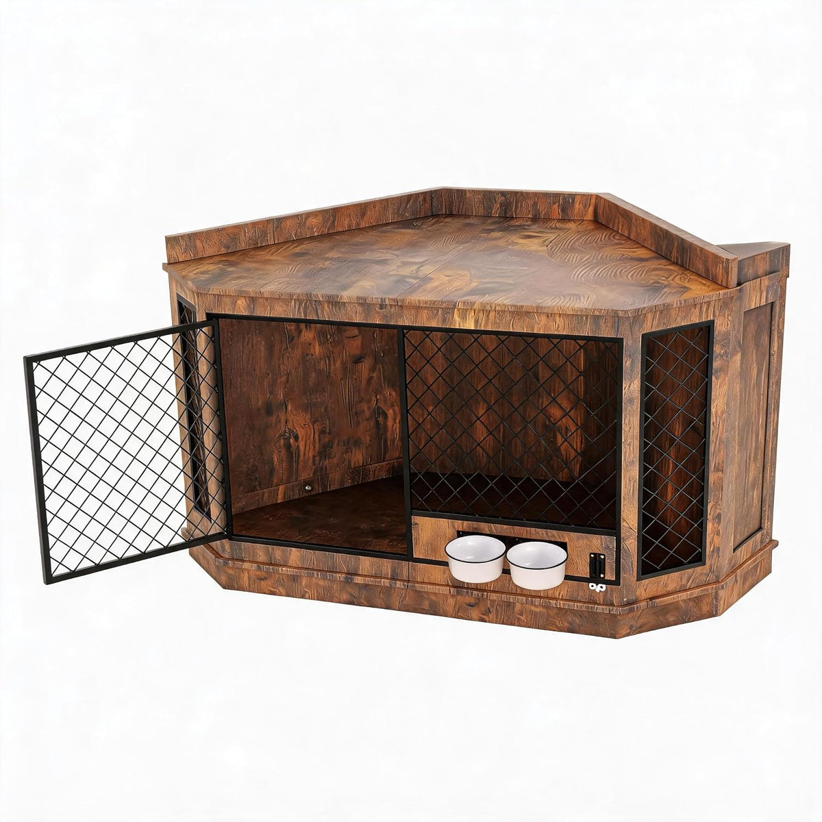 Retro brown corner wooden dog crate furniture with rotating feeder bowls