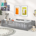 Natural wood full size Montessori floor bed with fence and doors – view 2
