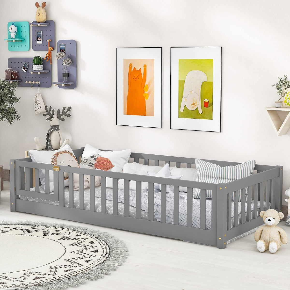 Natural wood full size Montessori floor bed with fence and doors – view 2