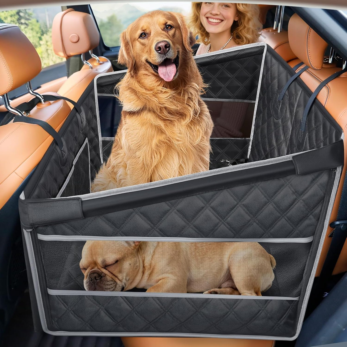 Hard bottom dog back seat extender with mesh window in a car rear seat