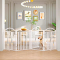 White metal freestanding accordion dog gate with walk-through door