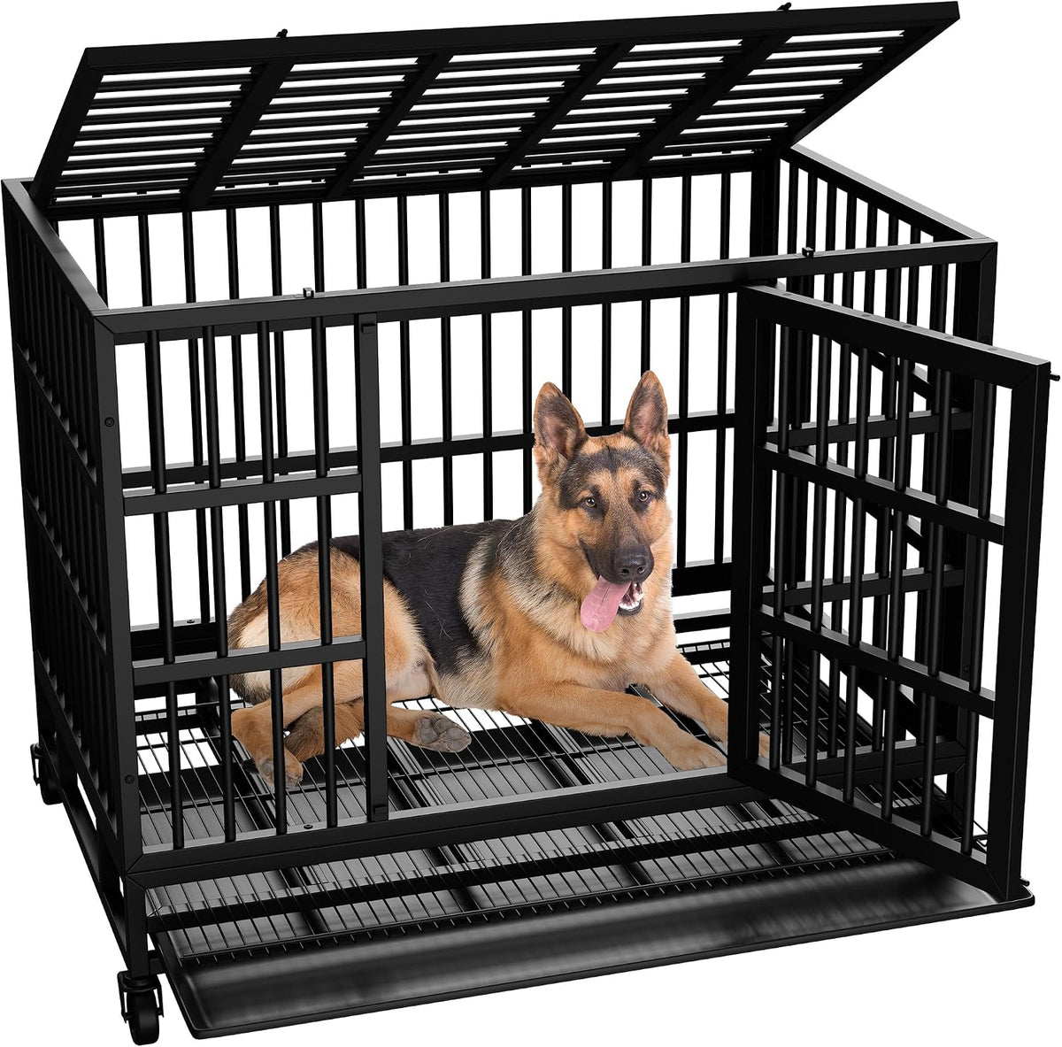 Black 38 in heavy duty steel dog crate with double doors and lockable wheels