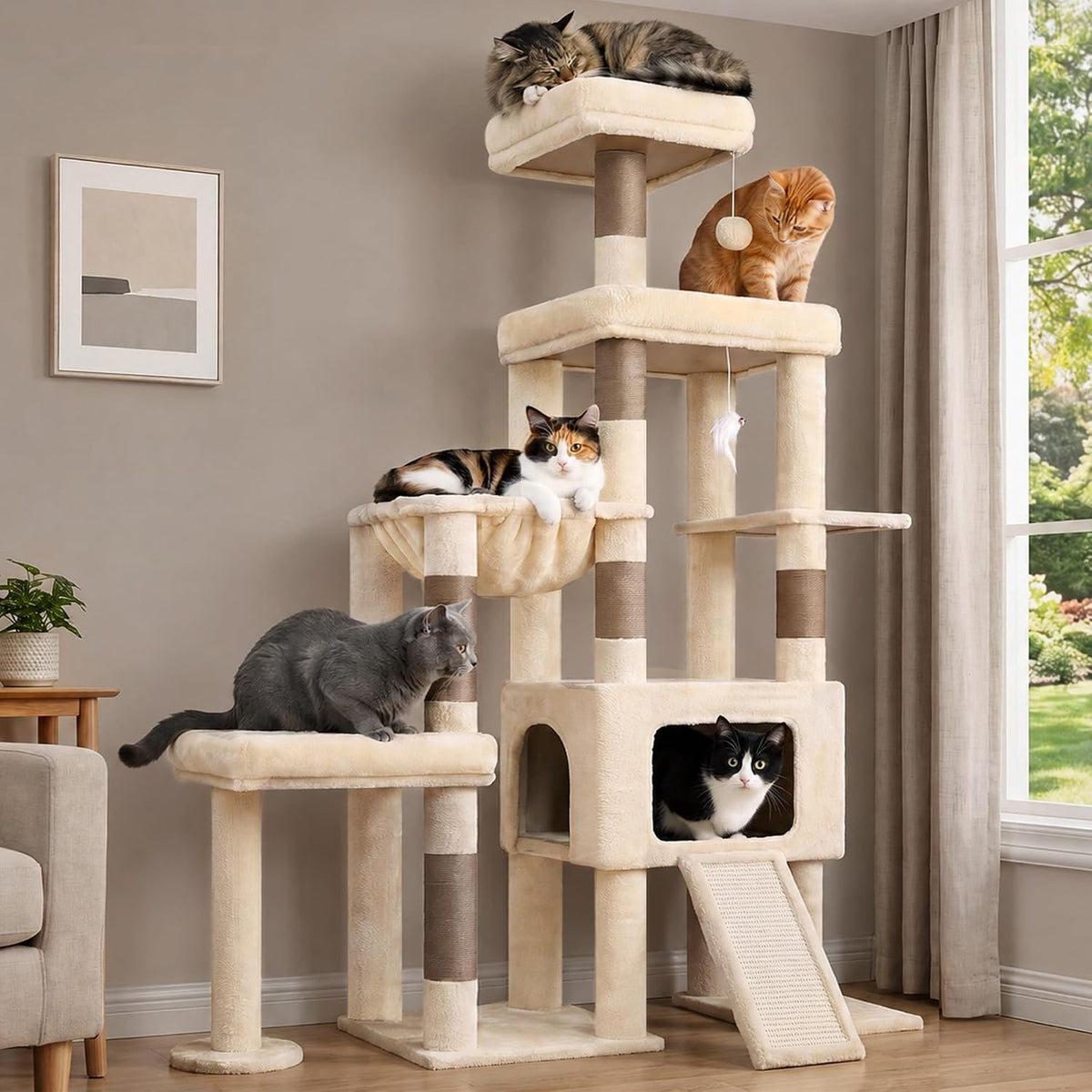Smoky gray 72 inch heavy duty cat tree with platforms, condos, hammock and basket – view 4