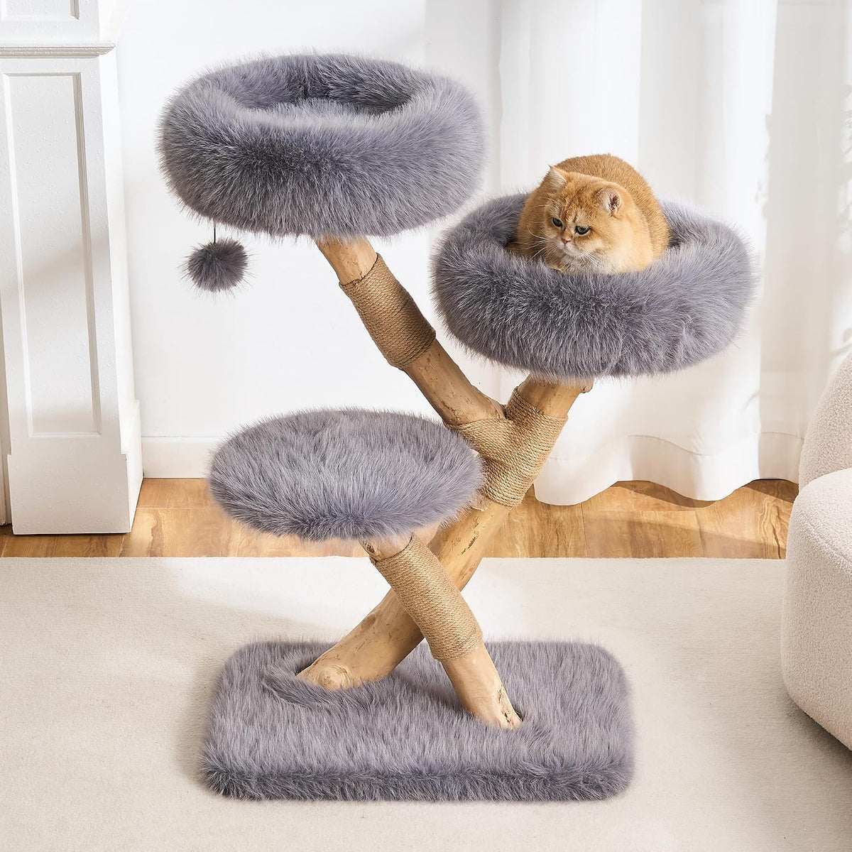 Khaki 54 inch natural pear wood branch cat tree with perch and cat house – view 3