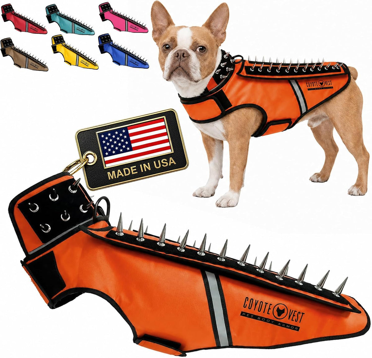 Fluorescent orange stab-resistant small dog harness vest with spike add-on – view 10