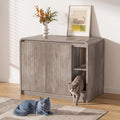 Grey litter box enclosure cabinet with power outlets
