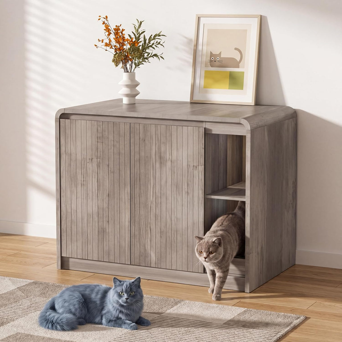 Grey litter box enclosure cabinet with power outlets