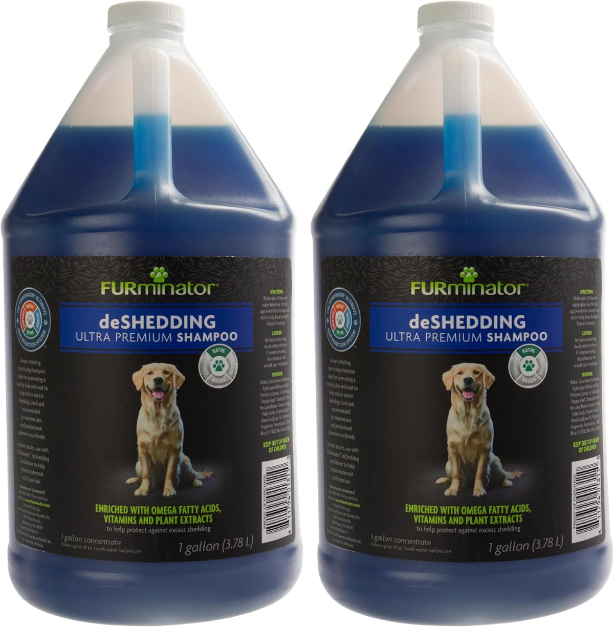 Two one-gallon jugs of deshedding dog shampoo