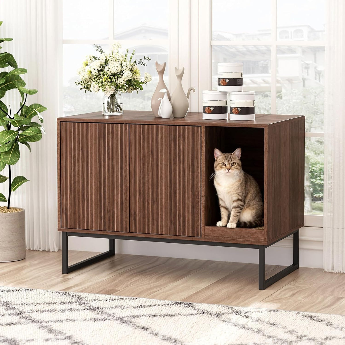 Walnut fluted cat litter box enclosure cabinet on black metal legs