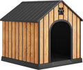 Wood-grain plastic dog house with sloped roof and air vents