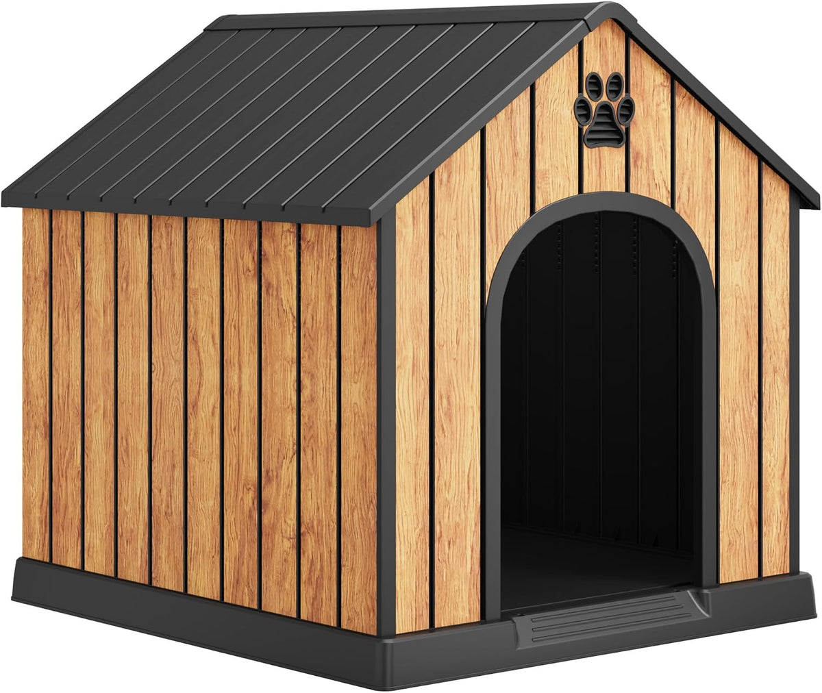 Wood-grain plastic dog house with sloped roof and air vents