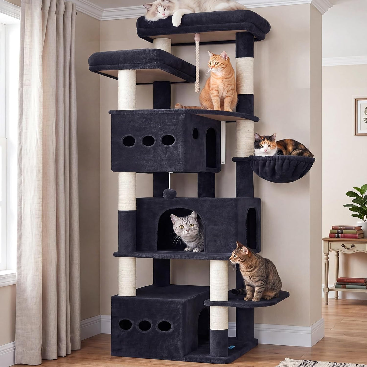 Light gray 71.6 inch cat tree with three condos and perches – view 2