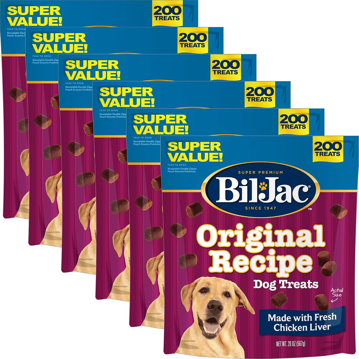 Resealable pouches of soft chicken liver dog training treats