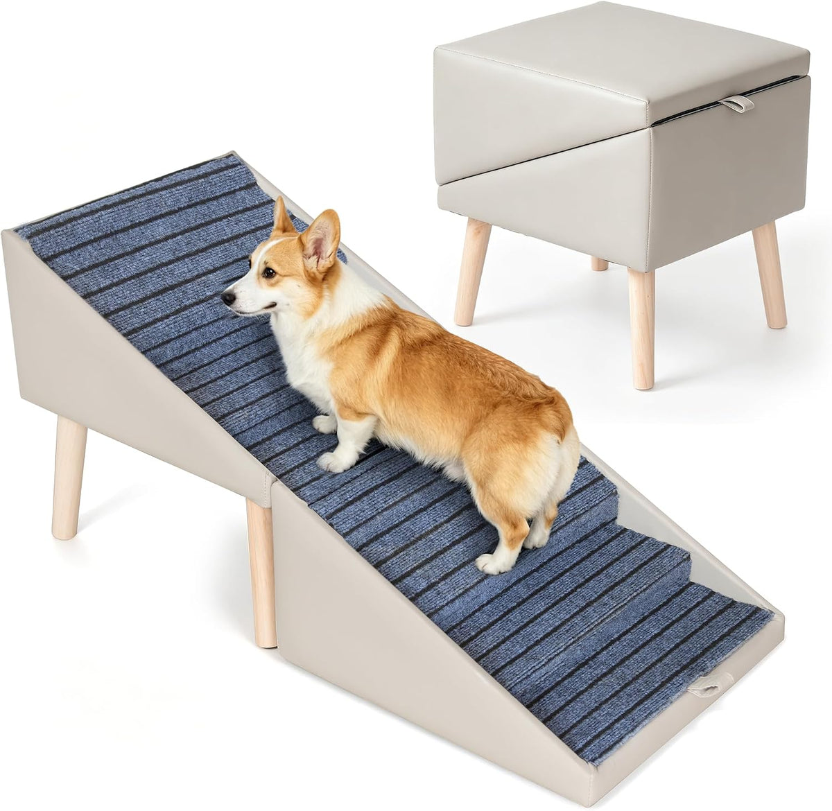 Grey ottoman unfolded into six-step dog stairs beside a high bed