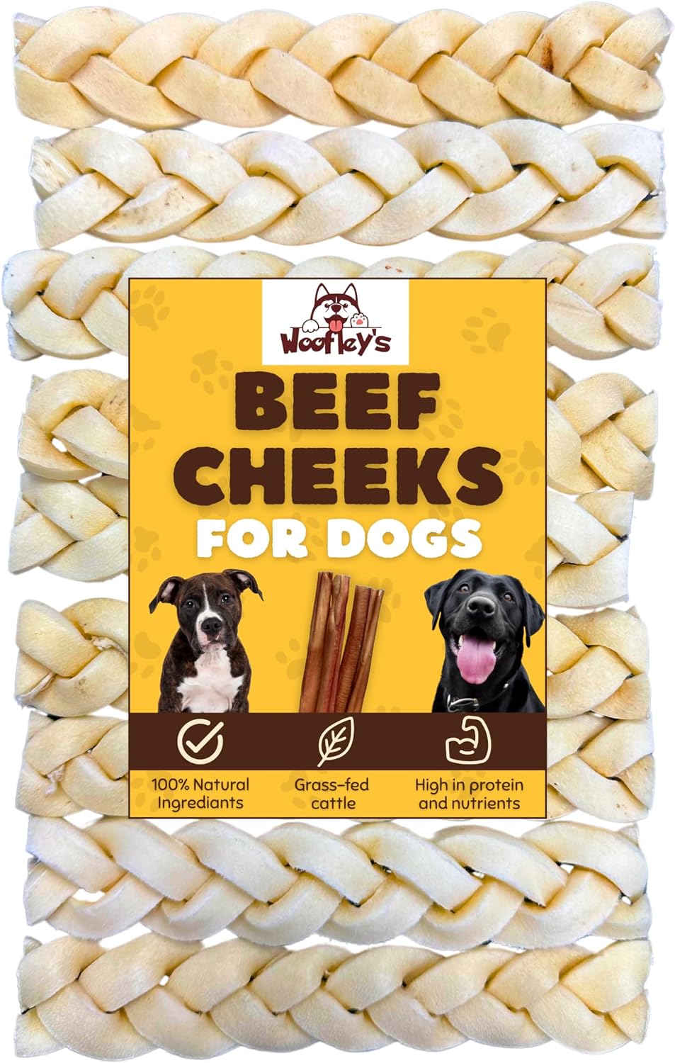 Pile of 6 inch braided beef cheek dog chews – view 2