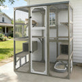 Wooden walk-in catio attached to house window with weatherproof roof