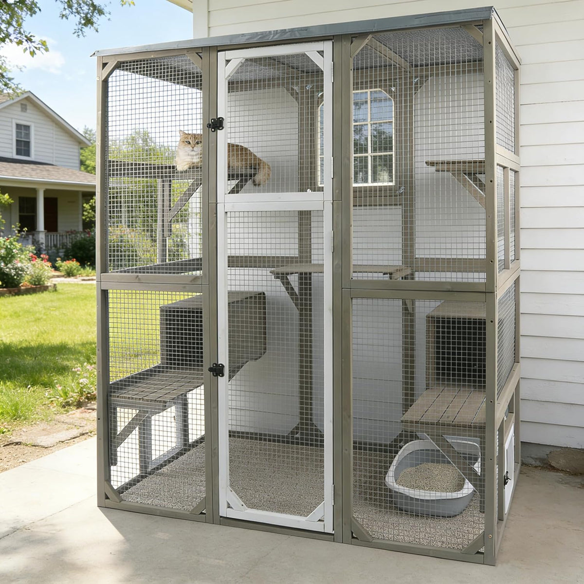 Wooden walk-in catio attached to house window with weatherproof roof