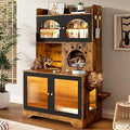 3-Tier Cat Litter Box Enclosure with Storage Cabinet, Fluted Glass Doors, Climbing Platforms, Brown and Black
