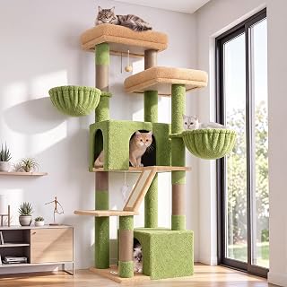 69-Inch Heavy-Duty Cat Tree with Large Platform, 5 Scratching Posts, Sisal Board and Hammock, S69, Green