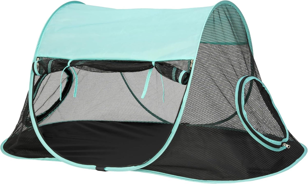 Mesh outdoor catio play kit with tunnels and covered tents on a patio – view 7
