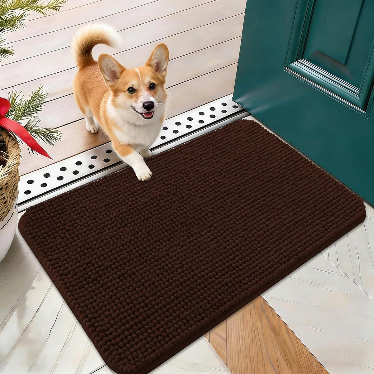 Brown chenille dog doormat at a back door