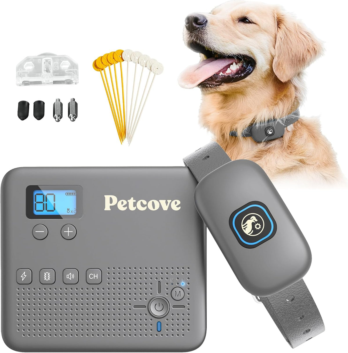 Wireless dog fence transmitter with rechargeable waterproof training collar receiver and boundary flags
