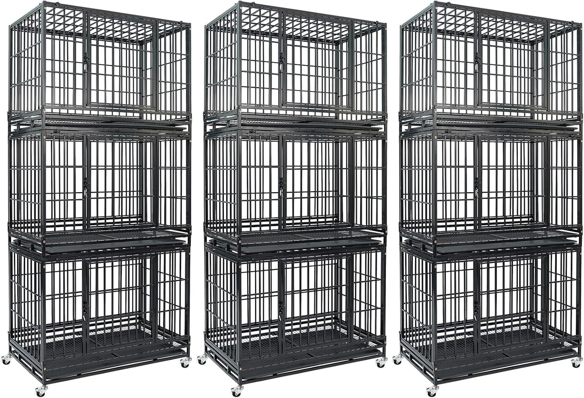 Two stacked 36 inch heavy duty metal dog crates on lockable wheels – view 4