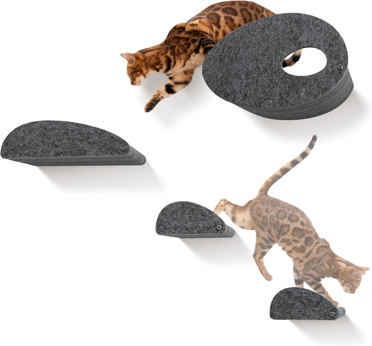 Four charcoal felt wall mounted cat shelves with facade covers