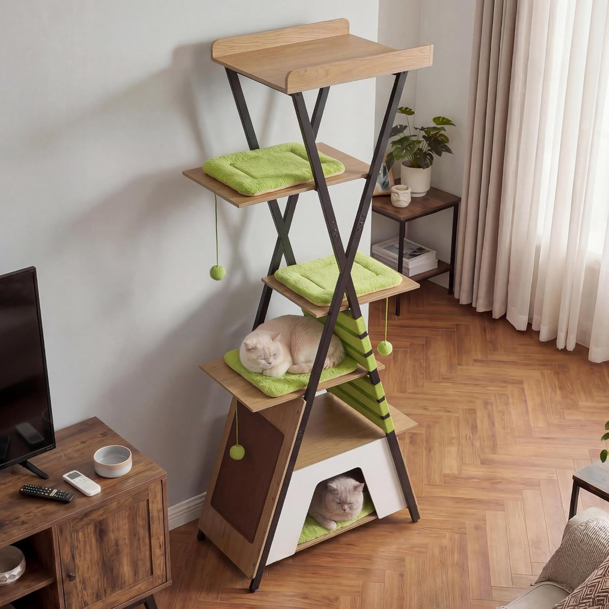 Green 73 inch modern wood cat tree with large top perch