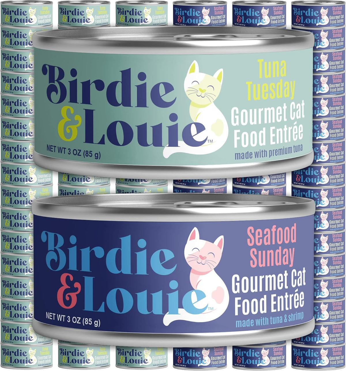 Case of 96 grain-free wet cat food cans in tuna and seafood varieties