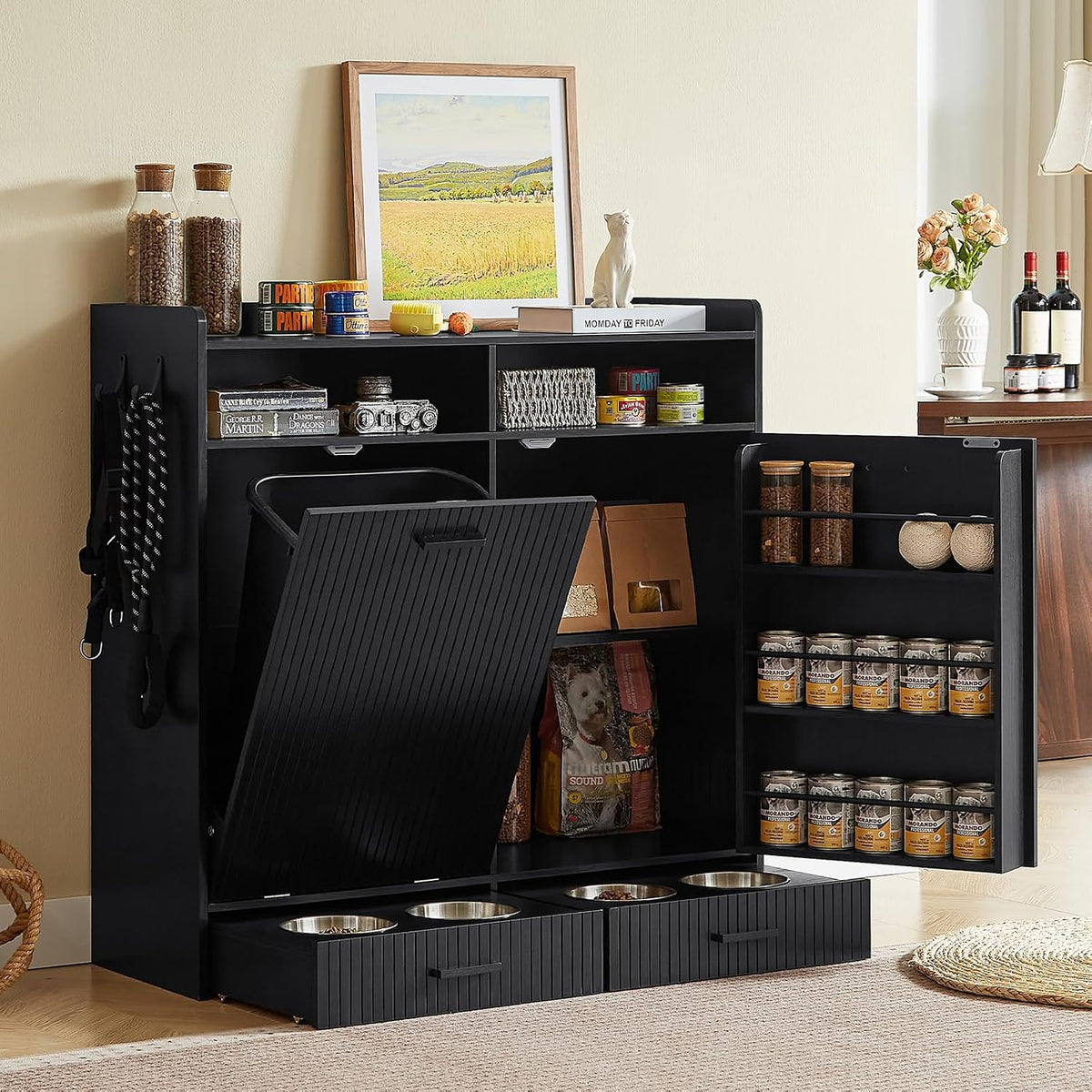 Black wooden pet food storage cabinet with feeding bowls and hidden trash compartment