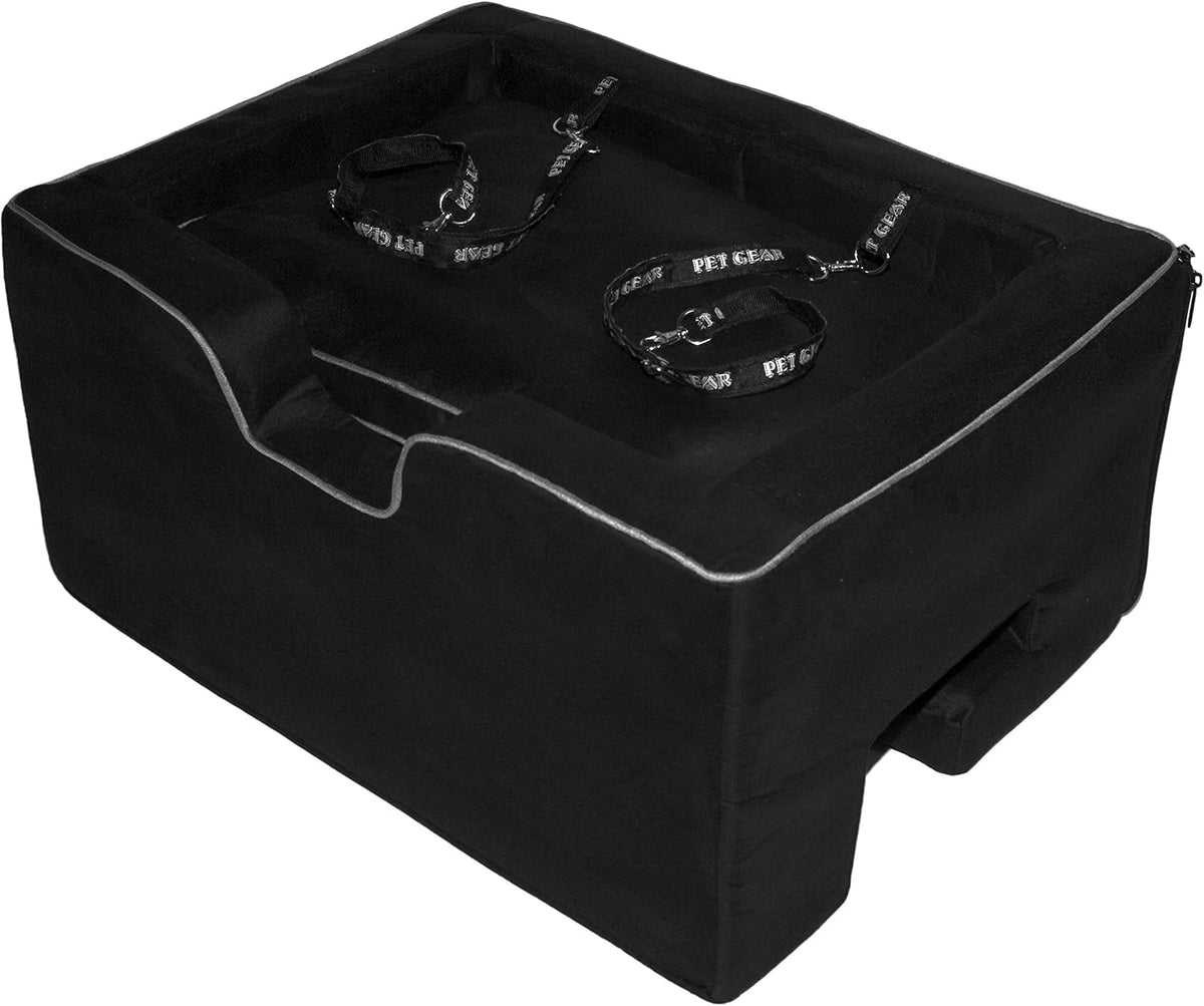 Black pet booster car seat on a vehicle seat