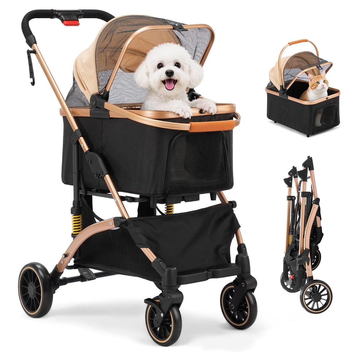 Rose gold and black cat and dog stroller with removable cabin