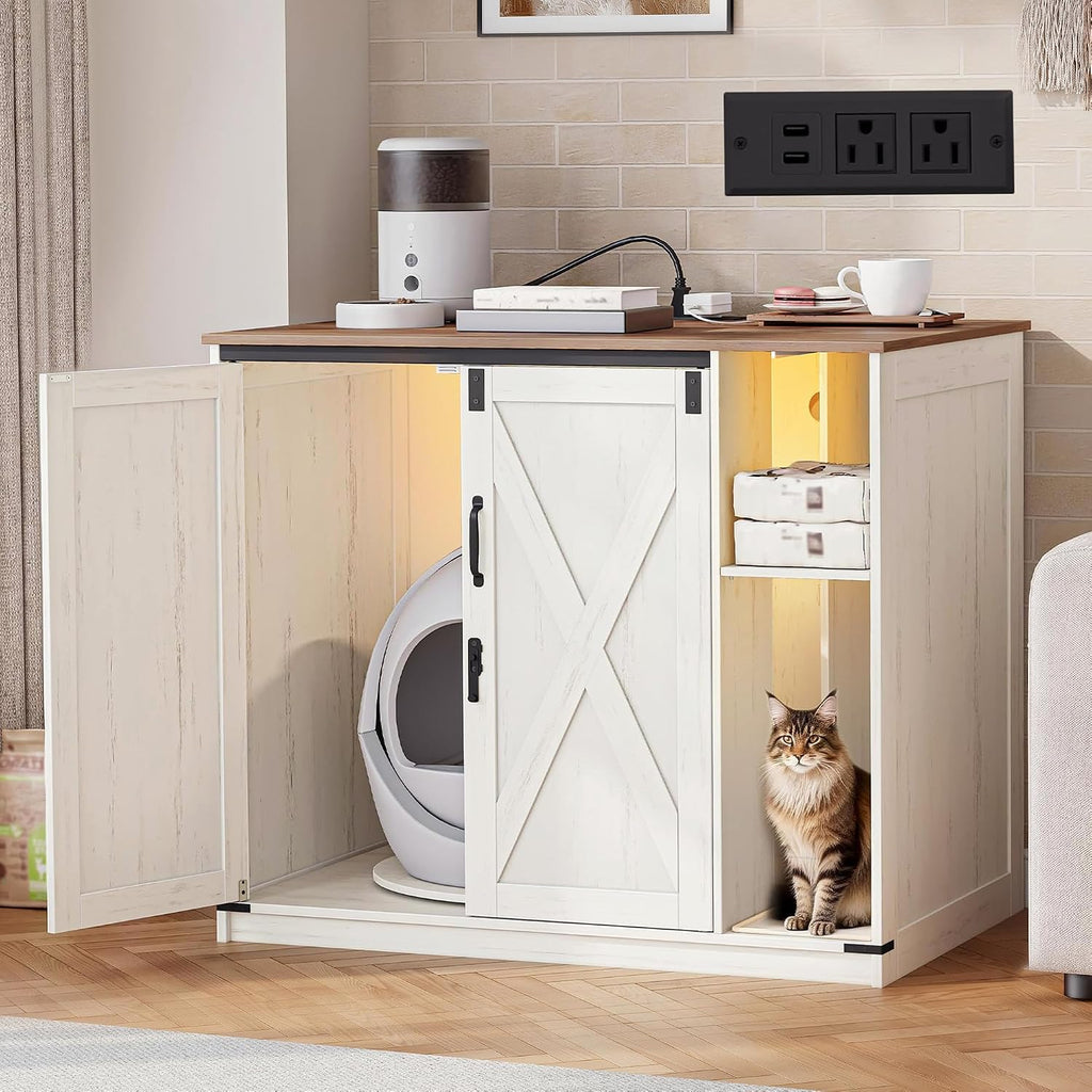 Rustic white farmhouse litter box cabinet with open door and rotating stand inside